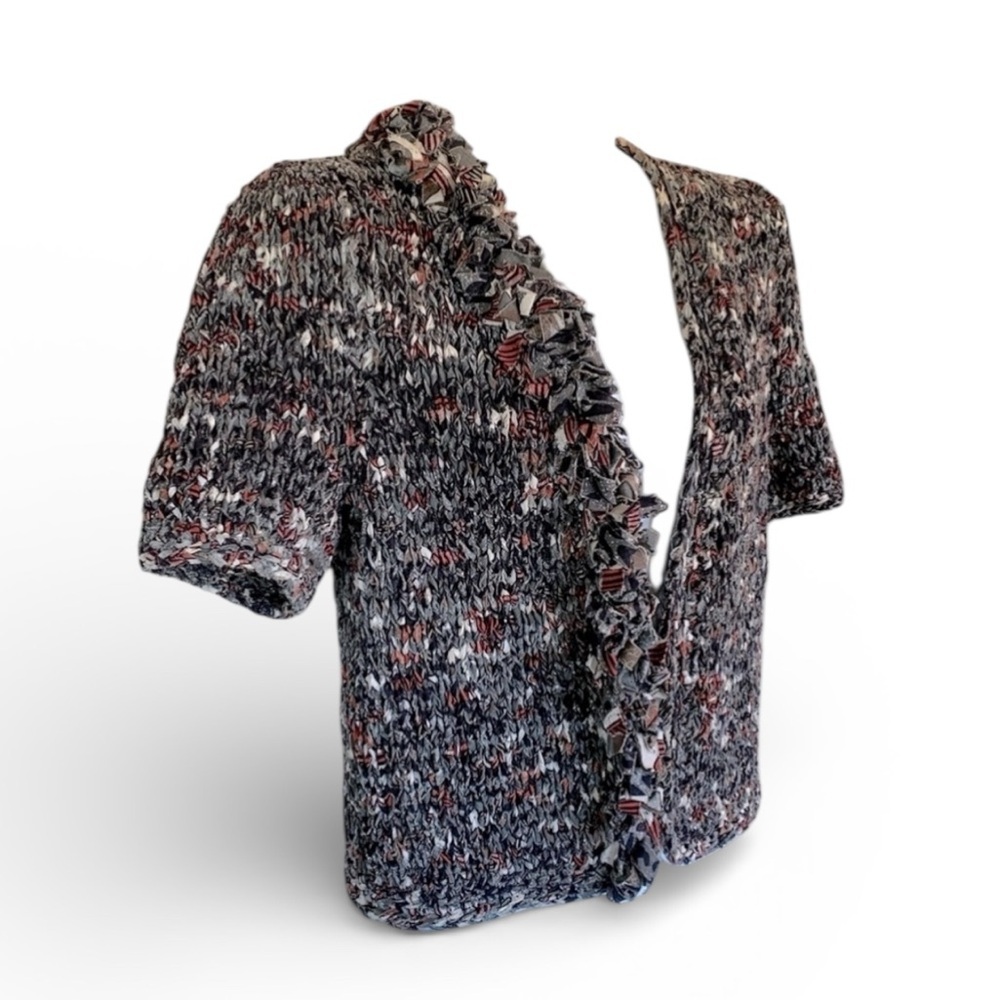 Estelle Gracer Bolero Jacket, Woven Cropped, Grey/Rust, Shoulder Ruffle. M Euc